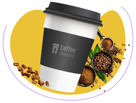 Imagem de um copo de café em meio a grãos de café soltos